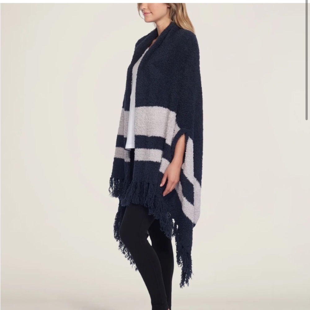 Barefoot Dreams CozyChic Malibu Soft Navy Blue Grey Taupe Striped Fringe Wrap